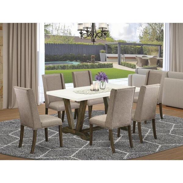 East West Furniture 7 Piece V-Style Small Dining Table Set - Dark Khaki - V726FL716-7