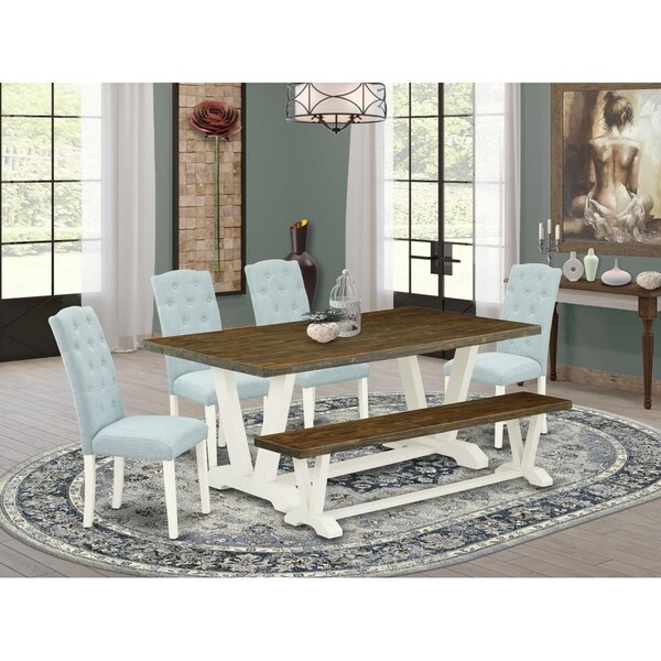 East West Furniture 6 Piece V-Style Dining Room Table Set - Linen White - V077CE215-6