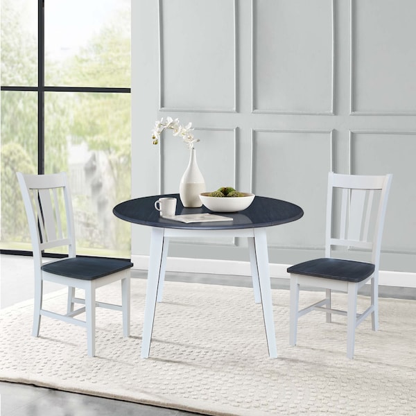 International Concepts 42 in. Solid Wood Round Dual Drop Leaf Dining Table with 2 Chairs in White/Heather Gray - K05-42DL-C10-2