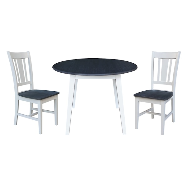 International Concepts 42 in. Solid Wood Round Dual Drop Leaf Dining Table with 2 Chairs in White/Heather Gray - K05-42DL-C10-2