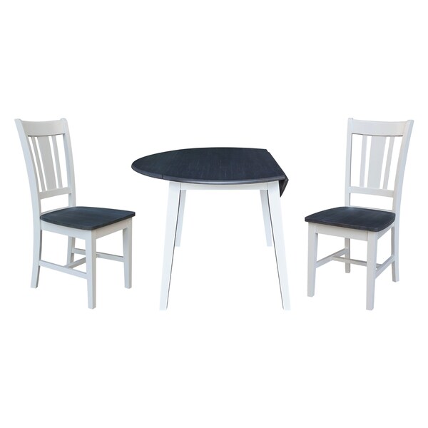 International Concepts 42 in. Solid Wood Round Dual Drop Leaf Dining Table with 2 Chairs in White/Heather Gray - K05-42DL-C10-2