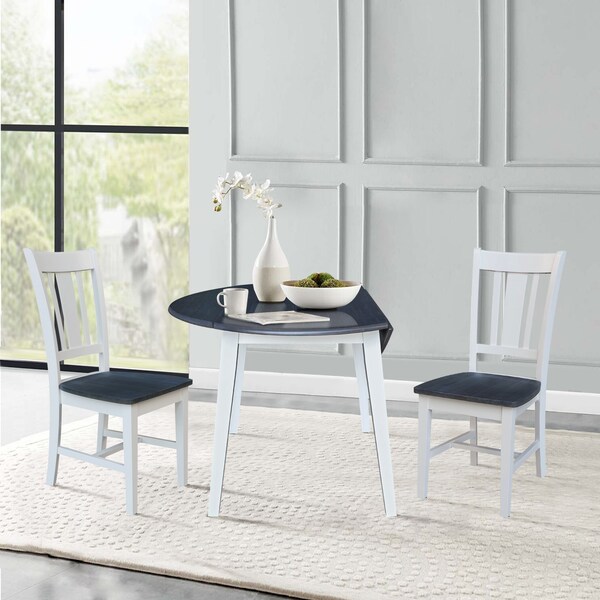 International Concepts 42 in. Solid Wood Round Dual Drop Leaf Dining Table with 2 Chairs in White/Heather Gray - K05-42DL-C10-2