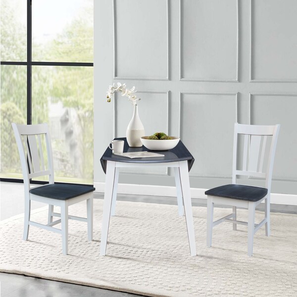 International Concepts 42 in. Solid Wood Round Dual Drop Leaf Dining Table with 2 Chairs in White/Heather Gray - K05-42DL-C10-2