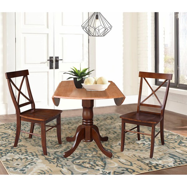 International Concepts 42 in. Dual Drop Leaf Table with 2 Cross Back Dining Chairs - 3 Piece Dining Set - K58-42DP-C581-613P