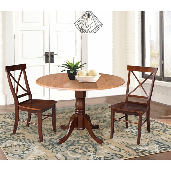 International Concepts 42 in. Dual Drop Leaf Table with 2 Cross Back Dining Chairs - 3 Piece Dining Set - K58-42DP-C581-613P