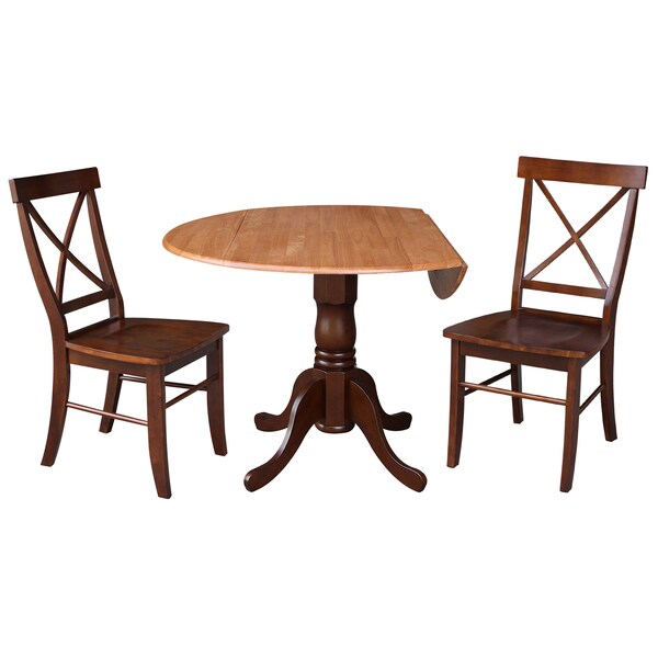 International Concepts 42 in. Dual Drop Leaf Table with 2 Cross Back Dining Chairs - 3 Piece Dining Set - K58-42DP-C581-613P