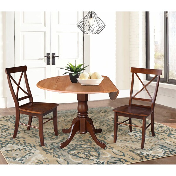 International Concepts 42 in. Dual Drop Leaf Table with 2 Cross Back Dining Chairs - 3 Piece Dining Set - K58-42DP-C581-613P
