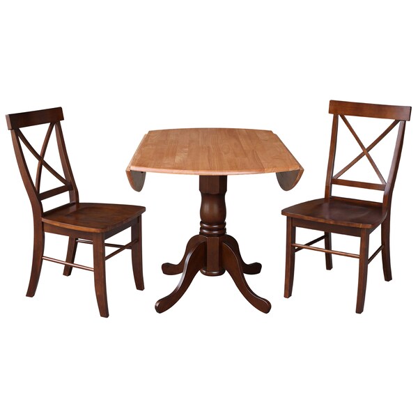 International Concepts 42 in. Dual Drop Leaf Table with 2 Cross Back Dining Chairs - 3 Piece Dining Set - K58-42DP-C581-613P