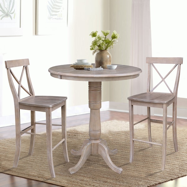 International Concepts Round 36 in Rd Extension Dining Table 40.9 inH, 2 X-Back Bar Ht Stools, Gray Taupe, 36 in W, 48 in L - K09-36RXT-S6133-2