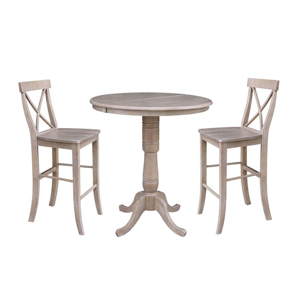 International Concepts Round 36 in Rd Extension Dining Table 40.9 inH, 2 X-Back Bar Ht Stools, Gray Taupe, 36 in W, 48 in L - K09-36RXT-S6133-2