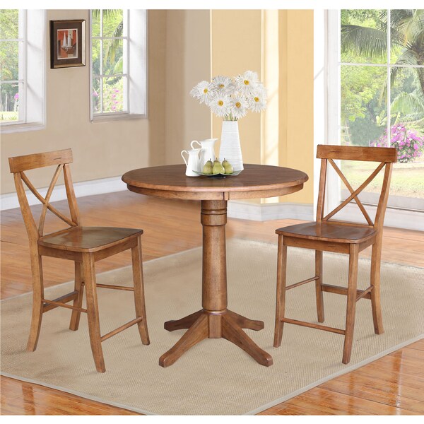 International Concepts Round 36 in Rd Ped Gathering Ht Table, 2 X-Back Stools, Distressed Oak, 36 in W, 36 in L, 35.1 in H - K42-36RT-27B-S6132-2
