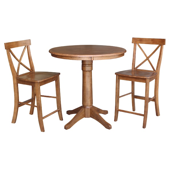 International Concepts Round 36 in Rd Ped Gathering Ht Table, 2 X-Back Stools, Distressed Oak, 36 in W, 36 in L, 35.1 in H - K42-36RT-27B-S6132-2