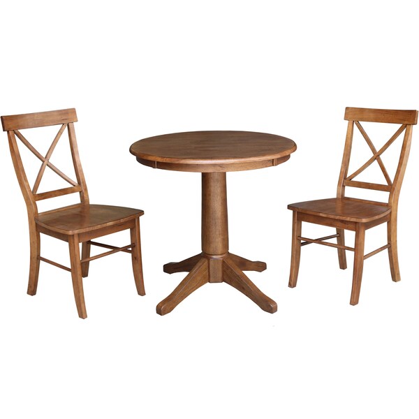 International Concepts Round 30 in Rd Top Pedestal Table, 2 X-Back Chairs, Distressed Oak, 30 in W, 30 in L, 29.9 in H, Wood - K42-30RT-27B-C613-2