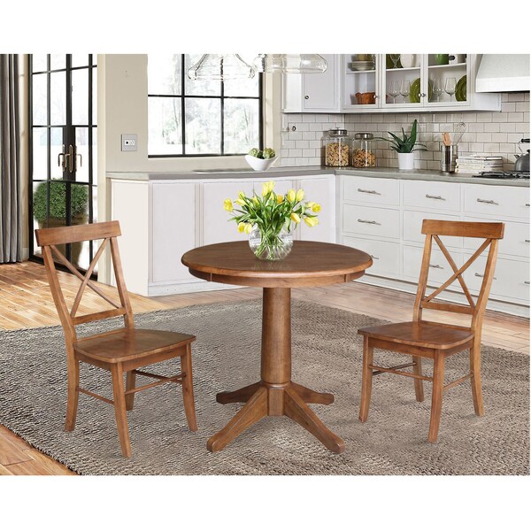 International Concepts Round 30 in Rd Top Pedestal Table, 2 X-Back Chairs, Distressed Oak, 30 in W, 30 in L, 29.9 in H, Wood - K42-30RT-27B-C613-2