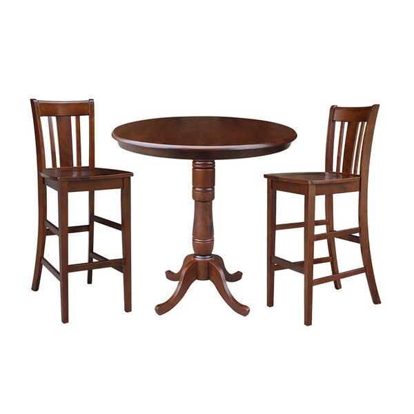 International Concepts Round 36 in Rd Pedestal Bar Height Table, 2 San Remo Bar Height Stools, Espresso, 36 in W, 36 in L - K581-36-6B-2-103