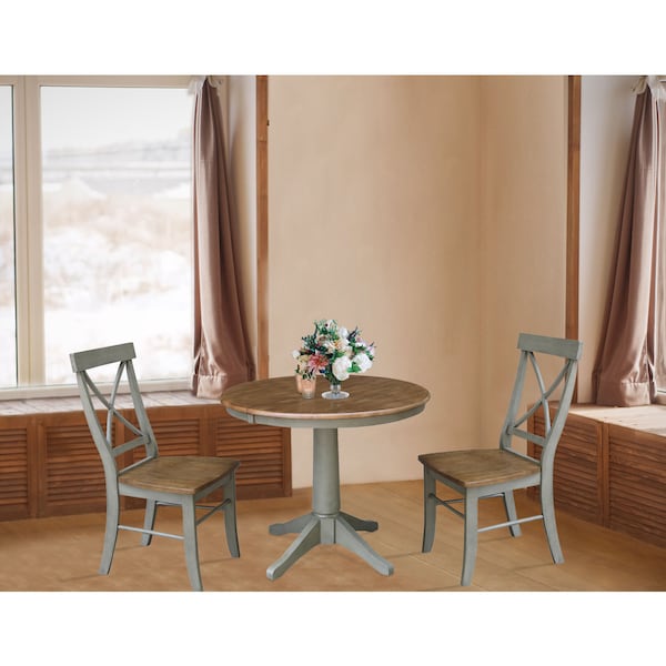 International Concepts Round 36 in Rd Extension Dining Table, 2 X-Back Chairs, Hickory/Stone, 36 in W, 48 in L, 30.1 in H - K41-36RXT-27B-C613-2