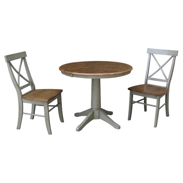 International Concepts Round 36 in Rd Extension Dining Table, 2 X-Back Chairs, Hickory/Stone, 36 in W, 48 in L, 30.1 in H - K41-36RXT-27B-C613-2