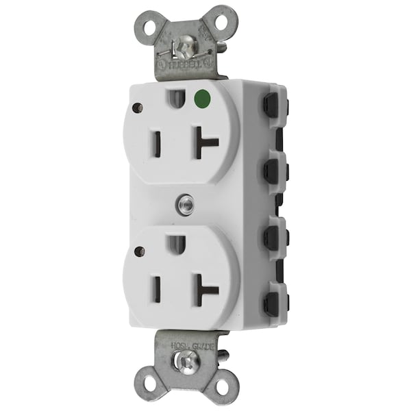 Hubbell Wiring Device-Kellems Straight Blade Devices, Receptacles, Duplex, SNAPConnect, Hospital Grade, LED Indicator, 20A 125V, 2-Pole 3-Wire Grounding, 5-20R, Nylon, White - SNAP8300WL