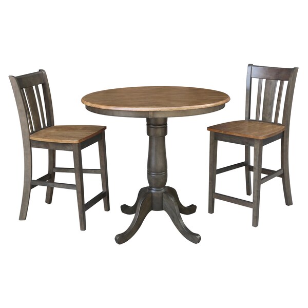 International Concepts Round 36 in Rd Ped Gathering Ht Table, 2 San Remo Stools, Hickory/Coal, 36 in W, 36 in L, 35.1 in H - K45-36RT-6B-S102-2