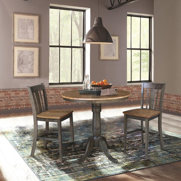 International Concepts Round 36 in Rd Ped Gathering Ht Table, 2 San Remo Stools, Hickory/Coal, 36 in W, 36 in L, 35.1 in H - K45-36RT-6B-S102-2