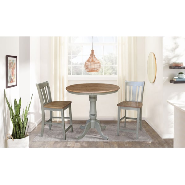 International Concepts Round 36 in Rd Ped Gathering Ht Table, 2 San Remo Stools, Hickory/Stone, 36 in W, 36 in L, 35.1 in H - K41-36RT-6B-S102-2