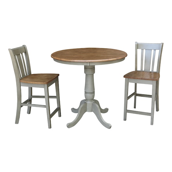 International Concepts Round 36 in Rd Ped Gathering Ht Table, 2 San Remo Stools, Hickory/Stone, 36 in W, 36 in L, 35.1 in H - K41-36RT-6B-S102-2