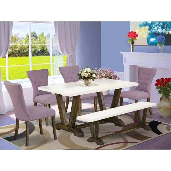 East West Furniture 6 Piece V-Style Dining Table Set - Distressed Jacobean - V726GA740-6