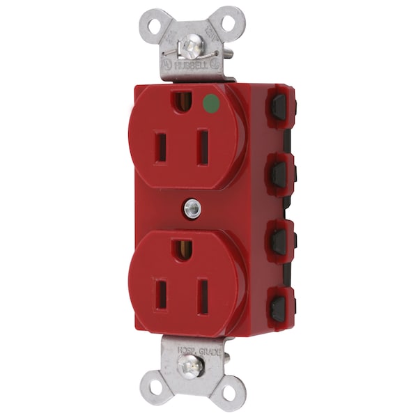 Hubbell Wiring Device-Kellems Straight Blade Devices, Receptacles, Duplex, SNAPConnect, Hospital Grade, 15A 125V, 2-Pole 3-Wire Grounding, 5-15R, Nylon, Red, USA - SNAP8200RNA