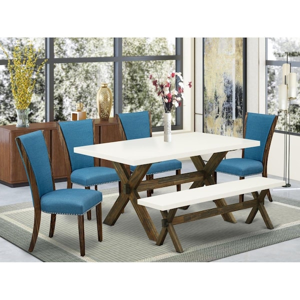 East West Furniture 6 Piece X-Style Dining Table Set - Distressed Jacobean - X726VE721-6