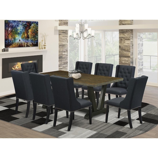 East West Furniture 9 Piece V-Style Dining Set - Wire Brush Black - V677FO624-9