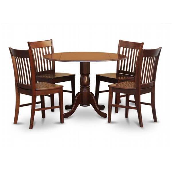 East West Furniture 5PC Kitchen Round Table with 2 Drop Leaves and 4 Slatted-back Chairs with Wood Seat - DLNO5-MAH-W