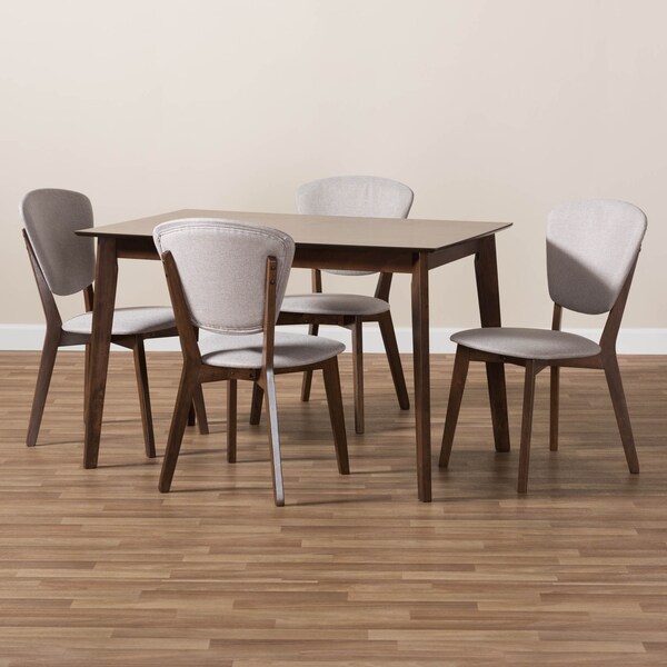 Baxton Studio Tarelle Walnut-Finished Grey Upholstered 5-Piece Dining Set - 143-8068