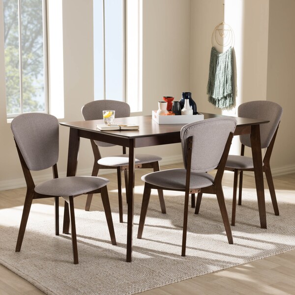 Baxton Studio Tarelle Walnut-Finished Grey Upholstered 5-Piece Dining Set - 143-8068
