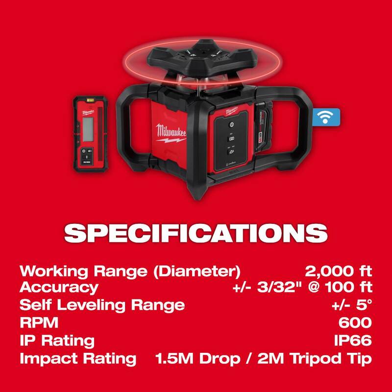 Milwaukee M18 2000 ft. Red Exterior Rotary Laser Level Kit with Receiver and Receiver Clamp - 3701-21