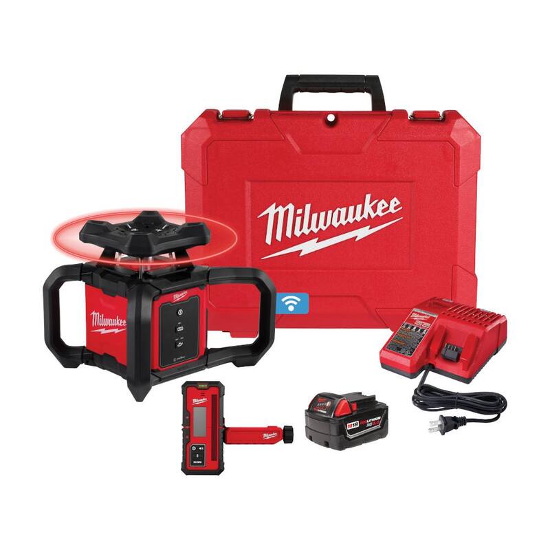 Milwaukee M18 2000 ft. Red Exterior Rotary Laser Level Kit with Receiver and Receiver Clamp - 3701-21