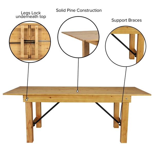 Flash Furniture Rectangle 40 in W, 96 in L, 30 in H, Pine Wood, Pinus Glabra, Steel, Light Natural - XA-F-96X40-LN-GG