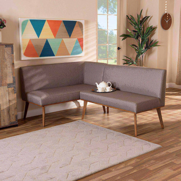 Baxton Studio Odessa Mid-Century Grey Fabric and Walnut Brown Finished 2-PC Wood Dining Nook Banquette Set - 175-10843-ZORO