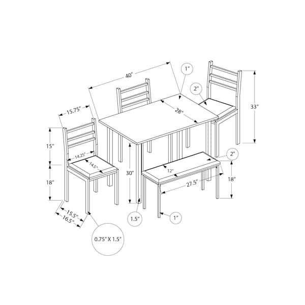 Monarch Specialties Dining Set, 5pcs Set, 40 in. Rectangular, Kitchen, Small, White Metal And Laminate, Grey Fabric - I 1031