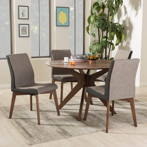 Baxton Studio Kimberly Mid-Century Modern Walnut Wood Round 5-Piece Dining Set - 134-7175-7181