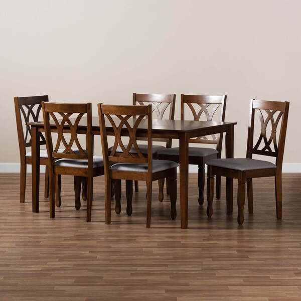 Baxton Studio Augustine Grey Upholstered and Walnut Wood 7-Piece Dining Set - 165-10548-10520