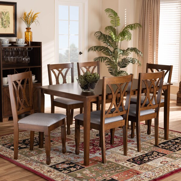Baxton Studio Augustine Grey Upholstered and Walnut Wood 7-Piece Dining Set - 165-10548-10520