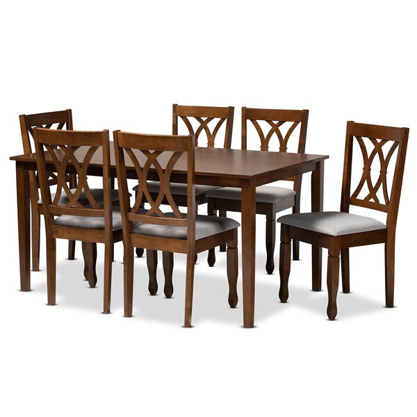 Baxton Studio Augustine Grey Upholstered and Walnut Wood 7-Piece Dining Set - 165-10548-10520