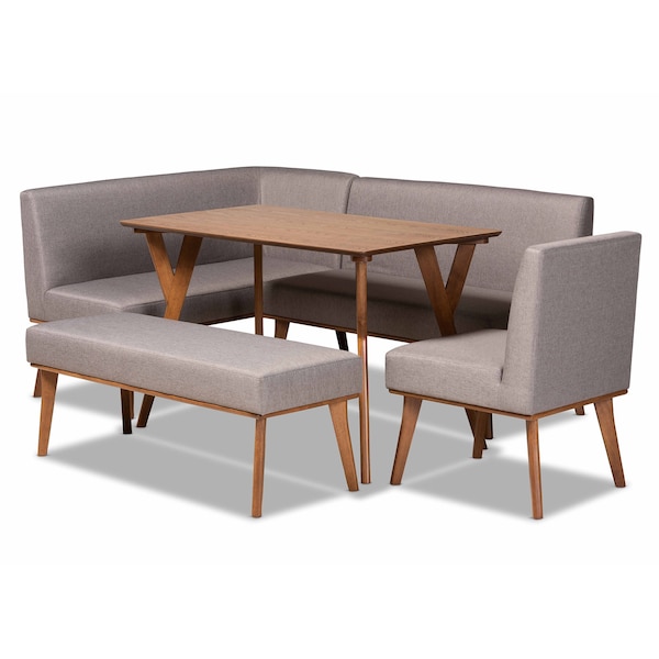 Baxton Studio Odessa Mid-Century Modern Grey Fabric and Walnut Brown Finished Wood 5-Piece Dining Nook Set - 175-10843-10842-10980-10840-ZORO