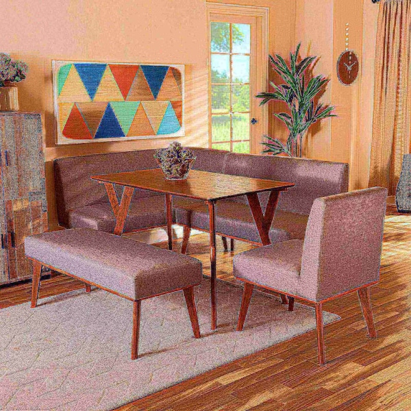 Baxton Studio Odessa Mid-Century Modern Grey Fabric and Walnut Brown Finished Wood 5-Piece Dining Nook Set - 175-10843-10842-10980-10840-ZORO