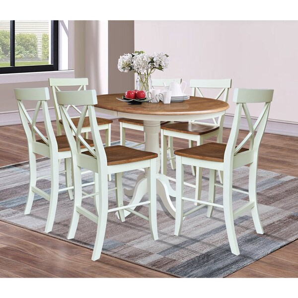 Whitewood Industries Rectangular Fixed Top Extension Pedestal Dining Table W/ 6 Counter Height Stools, 36 in W, 48 in H - K79-36RXT-6B-S6132-6