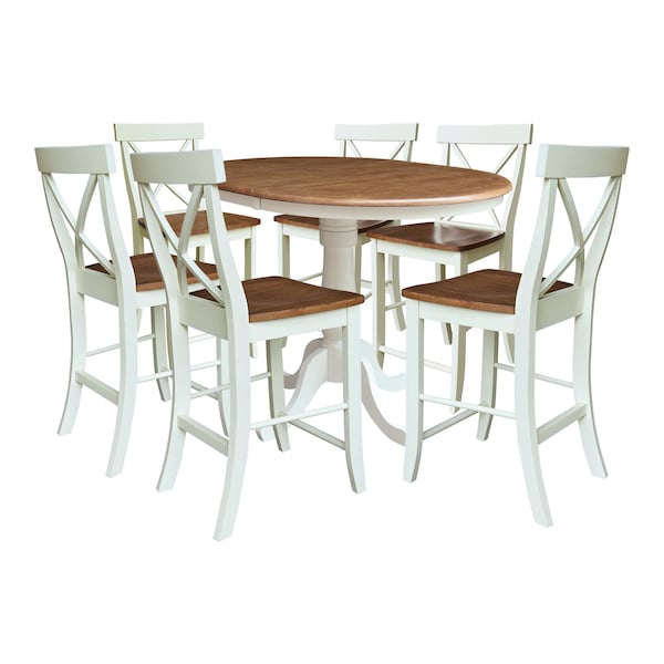 Whitewood Industries Rectangular Fixed Top Extension Pedestal Dining Table W/ 6 Counter Height Stools, 36 in W, 48 in H - K79-36RXT-6B-S6132-6