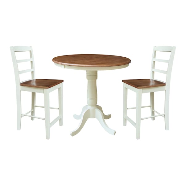 Whitewood Industries Rectangular Fixed Top Extension Pedestal Dining Table W/ 2 Counter Height Stools, 36 in W, 48 in H - K79-36RXT-6B-S402-2