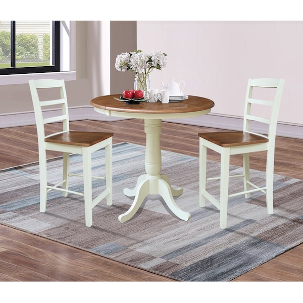 Whitewood Industries Rectangular Fixed Top Extension Pedestal Dining Table W/ 2 Counter Height Stools, 36 in W, 48 in H - K79-36RXT-6B-S402-2