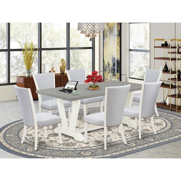 East West Furniture 7 Piece V-Style Dining Room Table Set - Linen White - V097VE005-7