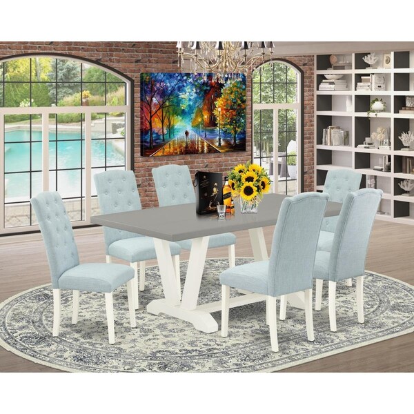 East West Furniture 7 Piece V-Style Dining Room Table Set - Linen White - V097CE215-7